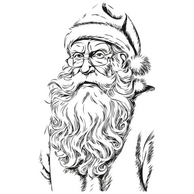 Noel Baba Vintage oymalı Siluet Detaylı Sketch, Klasik Noel Baba Sanatı, siyah beyaz izole vektör mürekkebi tebrik kartı, poster, davetiye, logo şablonu
