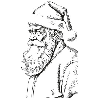 Noel Baba el sallıyor ve selamlıyor Vintage oymalı El Yazması, Festivaller için Zaman Onurlu Stil, siyah beyaz izole edilmiş vektör mürekkebi tebrik kartı, poster, davetiye, logo şablonu
