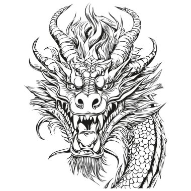 Dragon Sketch Vintage Gravür ve El Çizimi Yılı, siyah beyaz izole edilmiş vektör mürekkebi tebrik kartı, poster, davetiye, logo için şablon.