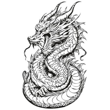 Dragon Vintage Gravür ve El Çizimi Yılı, siyah beyaz izole edilmiş vektör mürekkebi tebrik kartı, poster, davetiye, logo şablonu
