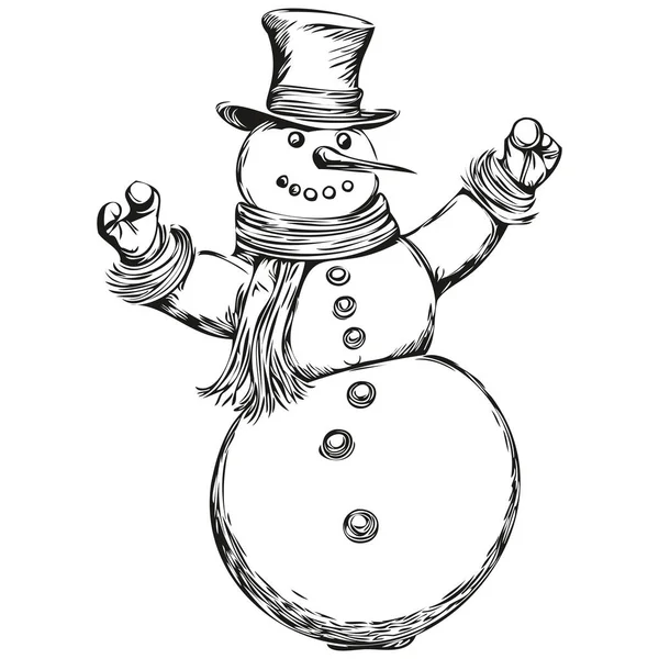 Ink Detaylı El Çizimi Kardan Adam Çizimi Vintage Style ve Holiday Mood ile Kardan Adam Çizimi, siyah beyaz izole edilmiş vektör mürekkebi tebrik kartı, poster, davetiye, logo şablonu