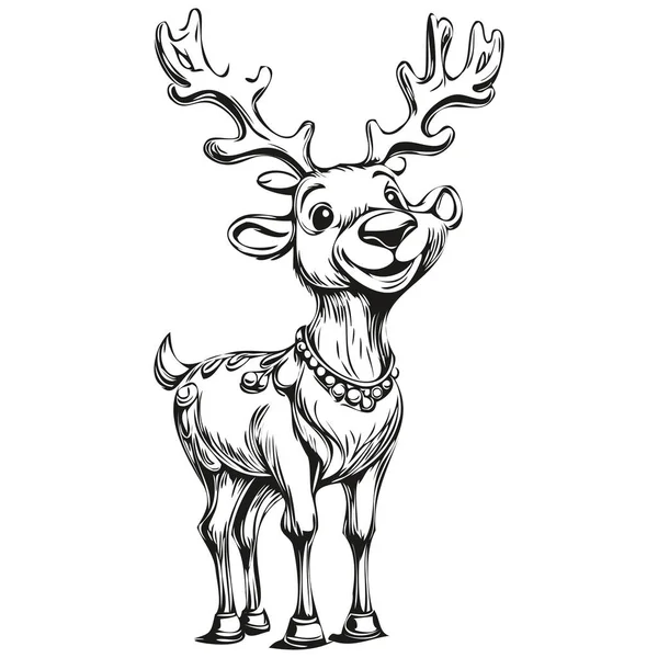 Klasik Noel Ren Geyiği, geyik eli çizimi, siyah beyaz izole edilmiş vektör mürekkebi tebrik kartı, poster, davetiye, logo şablonu.