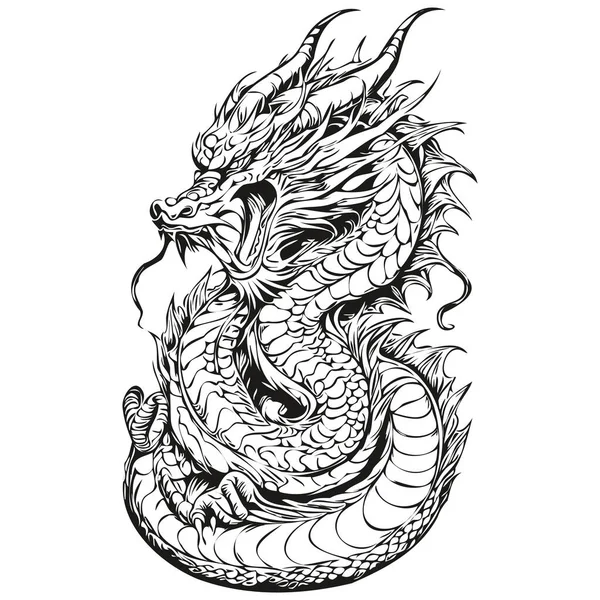 Dragon Vintage Gravür ve El Çizimi Yılı, siyah beyaz izole edilmiş vektör mürekkebi tebrik kartı, poster, davetiye, logo şablonu