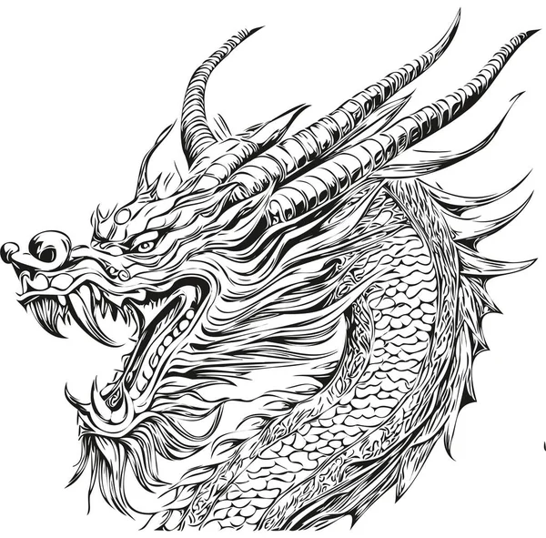 Dragon Vintage Gravür ve El Çizimi Yılı, siyah beyaz izole edilmiş vektör mürekkebi tebrik kartı, poster, davetiye, logo şablonu