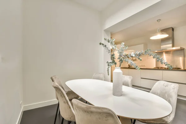 Modern Minimalist Style Interior Design Studio Apartment Open White Kitchen — Stock Photo, Image