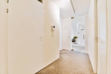 Beyaz duvarları ve kapıları olan dar koridor modern dairede pencereleri ve parke zemini olan geniş odaya açılıyor.