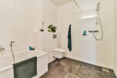 Modern apartmanda banyo ve banyo küveti olan şık bir iç tasarım.