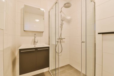 Çağdaş dairenin küçük fayanslı banyosunda lavabo ve duş arasında bulunan sifon tuvaleti