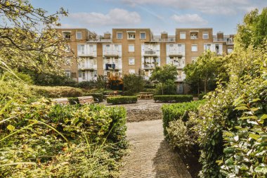 Ağaçlar ve fenerlerle dolu boş bir kaldırım sokağından tuğla evler manzarası