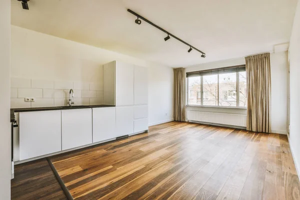 Interior Empty White Kitchen Windows Wooden Parquet Floor — стоковое фото