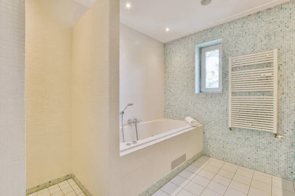 Nivelado Localizado Entre Pia Chuveiro Pequena Casa Banho Azulejos Apartamento — Fotografia de Stock