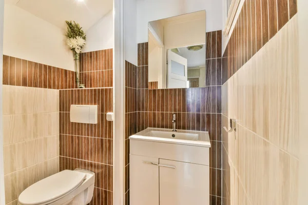 Gezellig Toilet Keramische Wastafel Geïnstalleerd Bruin Betegelde Muren Klein Toilet — Stockfoto