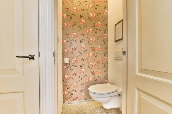 Interiér Úzkých Toalet Stěnou Visící Bílými Stěnami — Stock fotografie