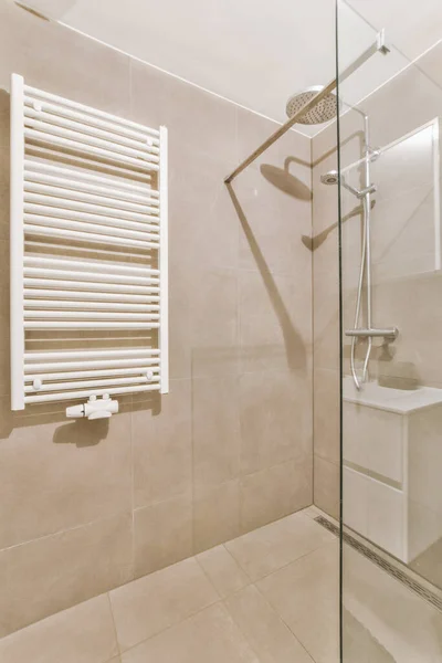 Sinks Mirrors Shower Box Glass Door Modern Bathroom White Tiled — Zdjęcie stockowe