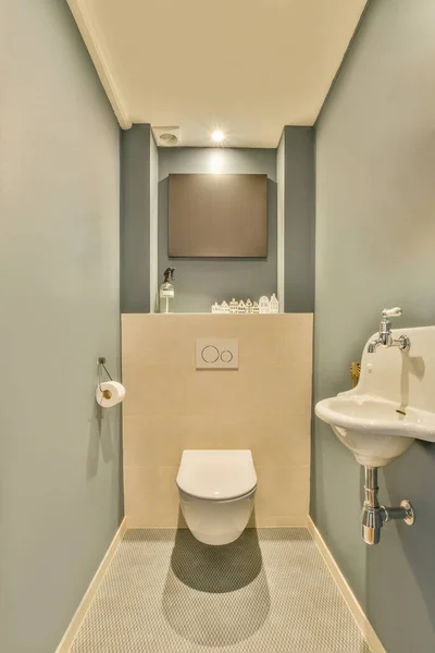 Nowoczesna Toaleta Zamontowana Ścianie Pod Przyciskiem Oświetlona Półka Łazience Domu — Zdjęcie stockowe