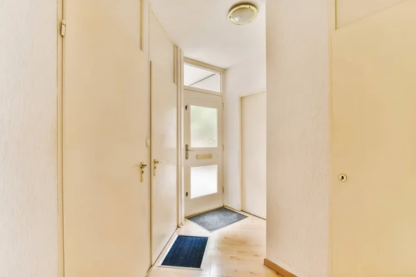 Corredor Vazio Apartamento Residencial Com Piso Madeira Paredes Brancas Tapete — Fotografia de Stock