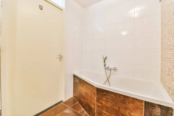 Bathroom White Walls Brown Tile Floor Bathtub Shower Stall — Stock Photo, Image