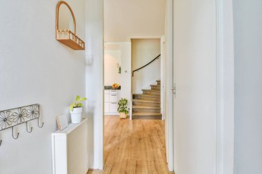 Her iki tarafında ahşap döşemeleri ve beyaz duvarları olan uzun, dar bir koridor, köşede bir bitki var.