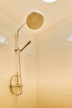 Duş muslukları cam bölmenin yanındaki fayanslı duvara bağlı ve evdeki tuvaletteki süs pervazı.