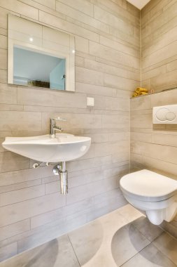 Yanındaki duvarda beyaz bir lavabo ve ayna olan bir banyo köşesinde bir havlu asacağı var.