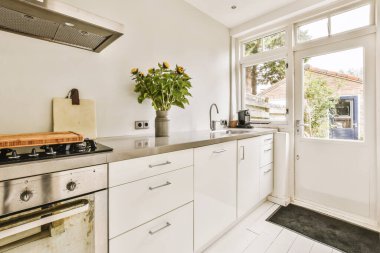 Mutfak, fırın, lavabo ve bulaşık makinesi tezgahın önünde arka bahçenin önünde.