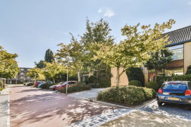 Arabaları, ağaçları ve fenerleri olan boş bir kaldırımdan panorama manzaralı evler.