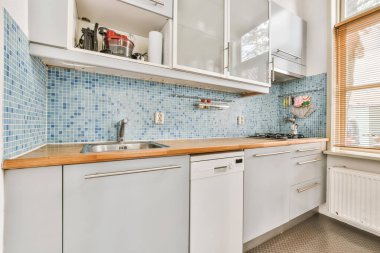 Beyaz dolaplı bir mutfak ve arkasındaki duvarda mavi fayanslar bir fırın, bulaşık makinesi ve lavabo var.