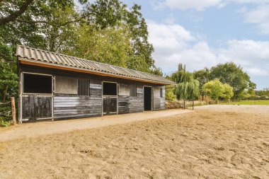 Ağaçlar ve fenerlerle dolu boş bir kaldırım sokağından tuğla evler manzarası