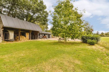 Ağaçlar ve fenerlerle dolu boş bir kaldırım sokağından tuğla evler manzarası