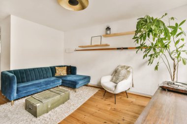 Oturma odası, kanepe, sehpa ve duvarın köşesindeki bitki beyaza boyanmış.