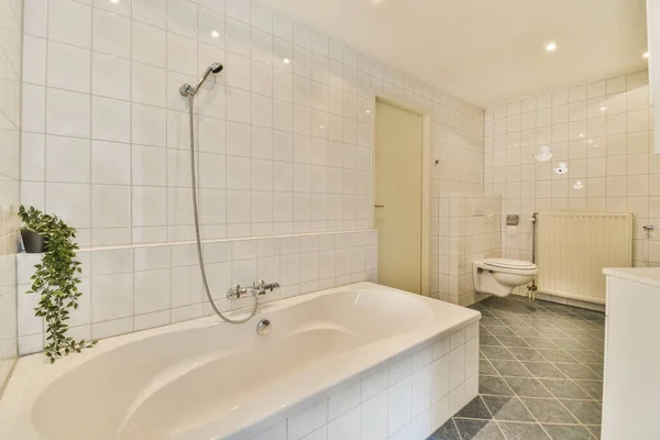 a bathroom with tile flooring and white tiles on the walls there is a plant in the corner of the bathtub