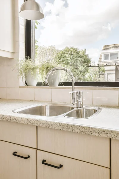 a kitchen with a sink and some plants in the window sid on the side of the countertops