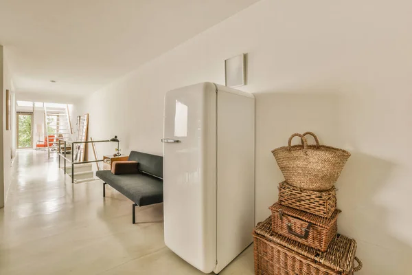 Living Room White Refrigerator Some Wickers Floor Front Fridge Freezer — Stock Photo, Image