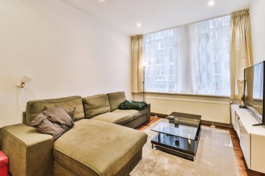 Oturma odası, bir kanepe, bir sehpa ve pencerenin önünde televizyon.