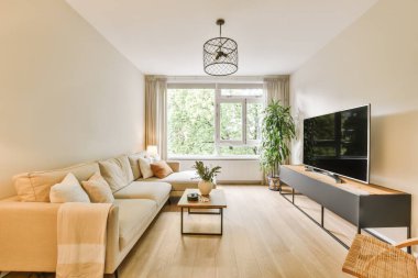 Odanın ortasında kanepeleri ve televizyonu olan bir oturma odası, büyük bir pencere var.