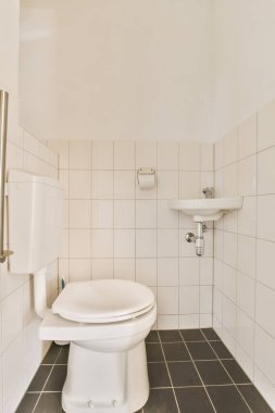 Banyoda beyaz bir tuvalet, yerde siyah fayanslar ve arkasında da açık bir duş kabini var.