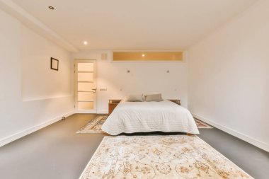 Yatağı ve halısı olan bir yatak odası yatağın önünde mobilyaların kullanılabileceği bir alan.