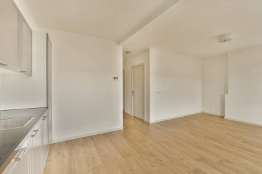 an empty kitchen with wood flooring and white walls in the room is very clean, ready for you to use