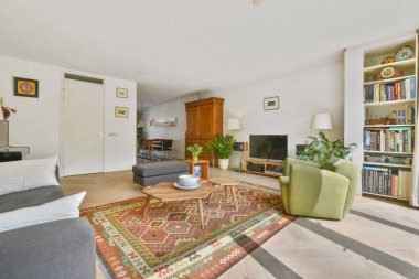 a living room with couches, bookshels and an area rug on the floor in front of it