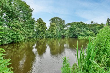 Amsterdam, Hollanda - 10 Nisan 2021: Önünde ağaçlar ve çalılar olan bir nehir, durgun sularında hareket eden bir tekneden alındı.