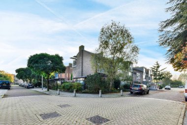 Yan tarafında arabalar, arka tarafında evler, sağında ağaçlar olan bir cadde.