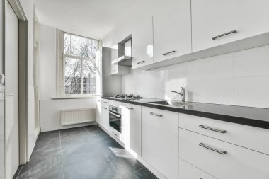 Lavabonun önündeki tezgahlarda beyaz dolapları ve siyah tezgahları olan bir mutfak sağda görünüyor.
