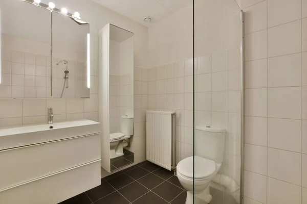 Biała Łazienka Czarnymi Płytkami Podłogowymi Płytkami Ściennymi Ścianach Wraz Toaletą — Zdjęcie stockowe