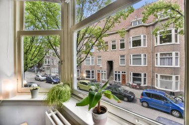 Amsterdam, Hollanda - 10 Nisan 2021: önünde arabaların park ettiği bir pencere ve pencerenin yanında yeşil bir saksı