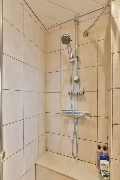Bathroom White Tiles Walls Shower Head Mounted Wall Front Bathtub — Stock Fotó
