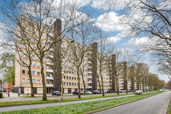 Een Woonwijk Met Bomen Gebouwen Aan Weerszijden Van Straat Voor — Stockfoto