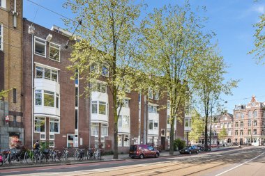 Yolun kenarına park edilmiş arabaların ve caddenin ortasında büyüyen ağaçların olduğu bir şehir caddesi.