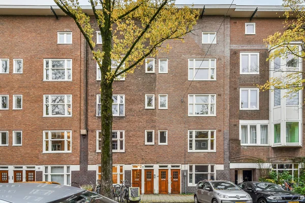 네덜란드 암스테르담 2021 자동차가 주차되어 나무들이 아파트 — 스톡 사진