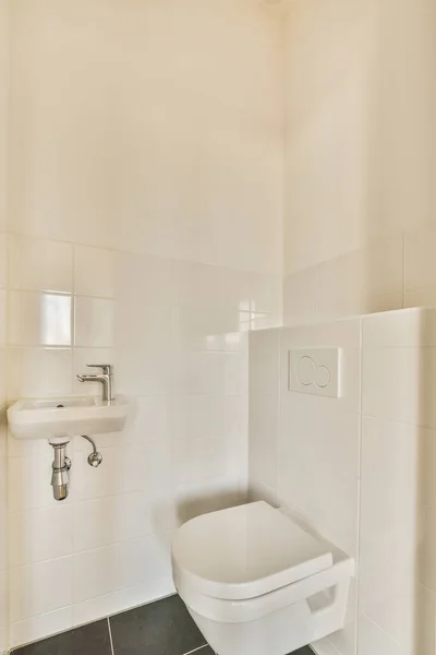 Banheiro Branco Banheiro Com Telhas Pretas Chão Parede Atrás Dele — Fotografia de Stock