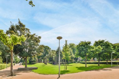 Amsterdam, Hollanda - 10 Nisan 2021: Ağaç ve yeşil çimlerin bulunduğu boş bir park - 1230897